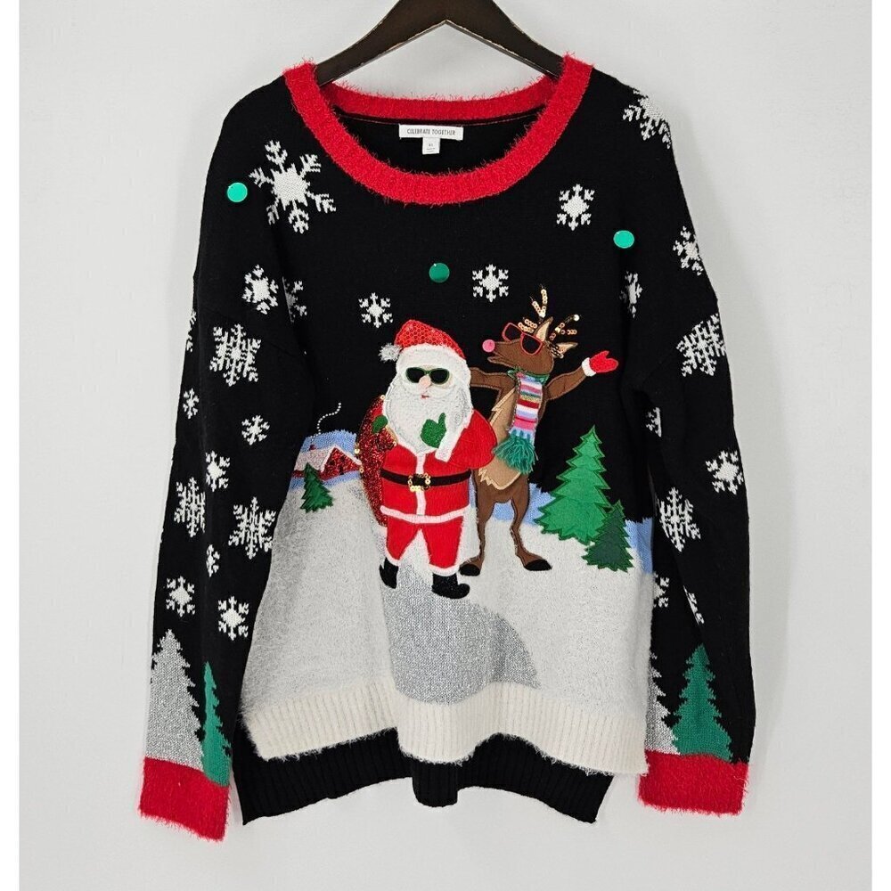 Cool Santa Dancing Reindeer Christmas Sequins Snowflakes Ugly Sweater XL
